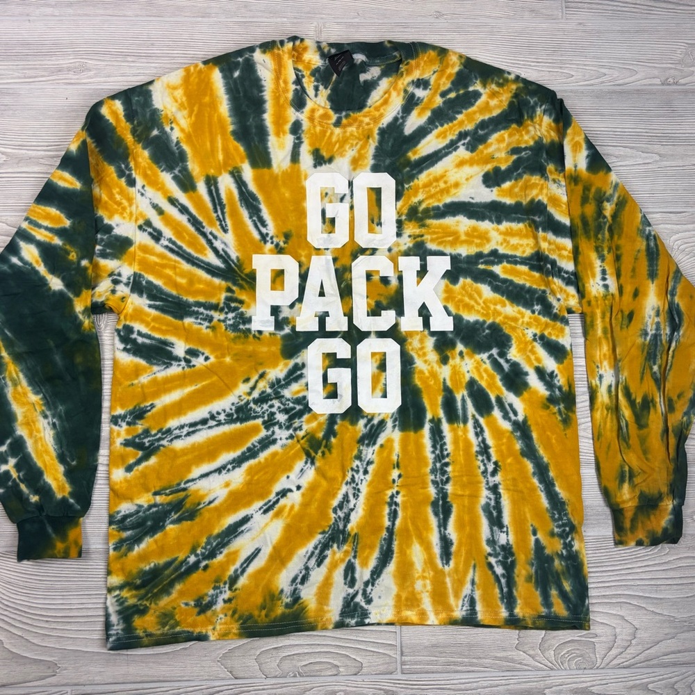 GreenBayPacker colors GO PACK GO long sleeve tie dye shirt.Sizes: S,M,L,XL,2X,3X
